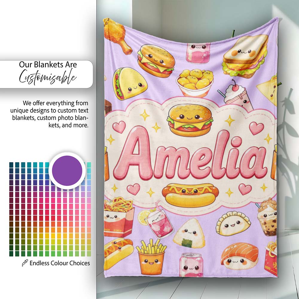Cute Kawaii Fast Food Snacks Gingham Picnic Purple Background Personalised Custom Name Super Soft Fleece Blanket Bed Sofa Throw