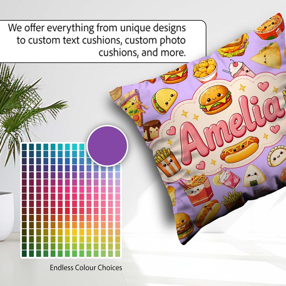 Custom Name Cute Kawaii Fast Food Snacks Gingham Picnic Purple Square Filled Cushion Throw Pillow Sofa Bed Home Decor Zip Washable UK Made