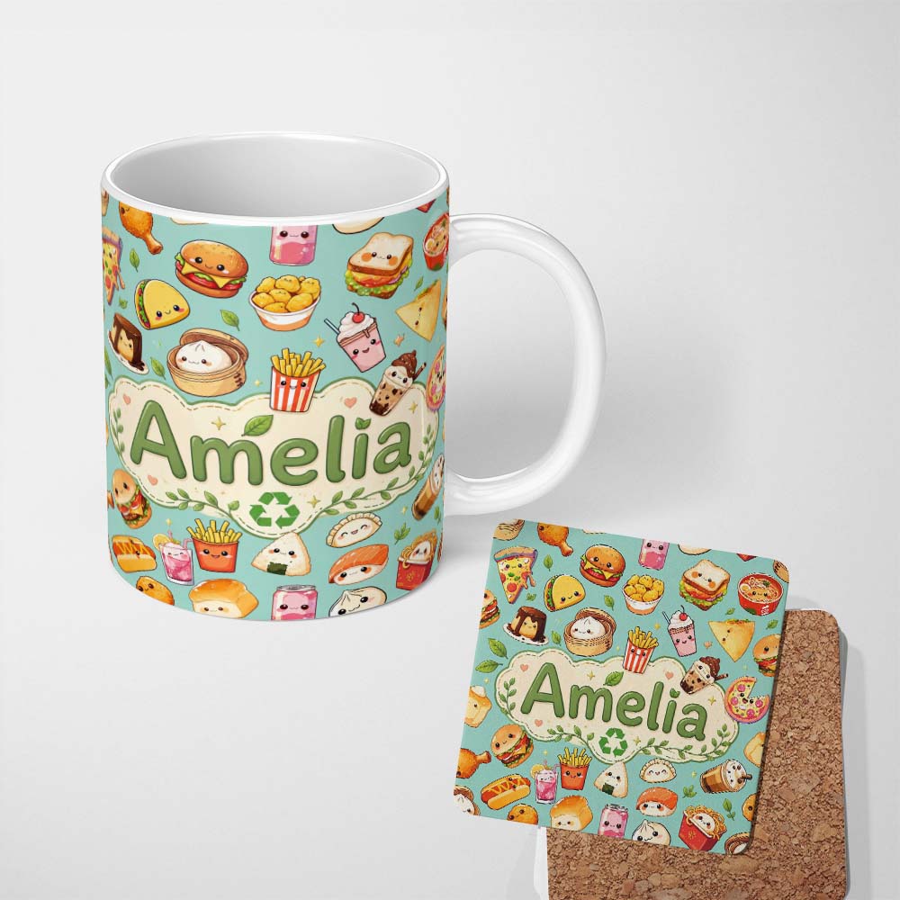 Personalized Custom Name Cute Kawaii Fast Food Snacks Gingham Picnic Teal Background 11oz Ceramic Coffee Tea Mug White Large Handle