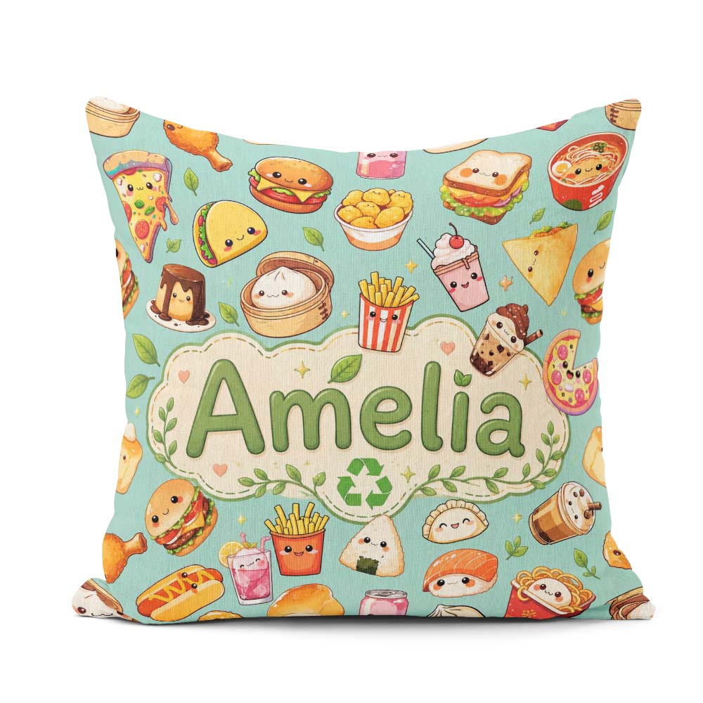 Custom Name Cute Kawaii Fast Food Snacks Gingham Teal Background Square Filled Cushion Throw Pillow Sofa Bed Home Decor Zip Washable UK Made
