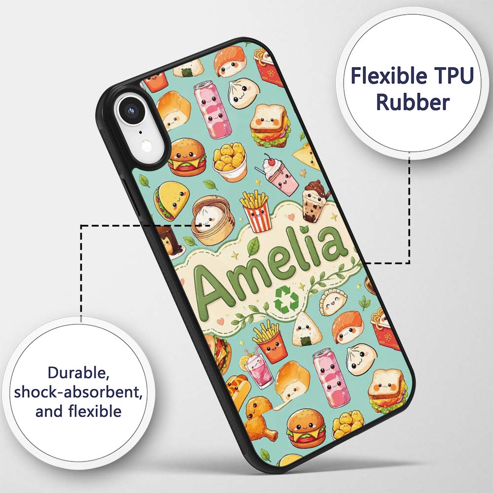Cute Kawaii Fast Food Snacks Gingham Picnic Teal Custom Name Protective Phone Case Mobile Cover Durable Everyday Smartphone Shock Resistant