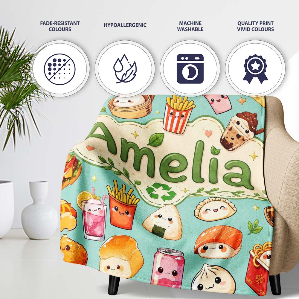 Cute Kawaii Fast Food Snacks Gingham Picnic Teal Background Personalised Custom Name Super Soft Fleece Blanket Bed Sofa Throw