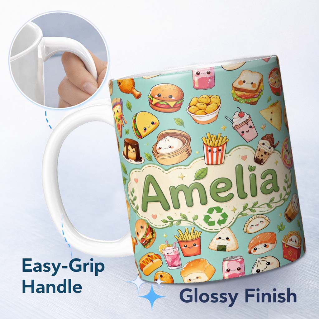 Personalized Custom Name Cute Kawaii Fast Food Snacks Gingham Picnic Teal Background 11oz Ceramic Coffee Tea Mug White Large Handle