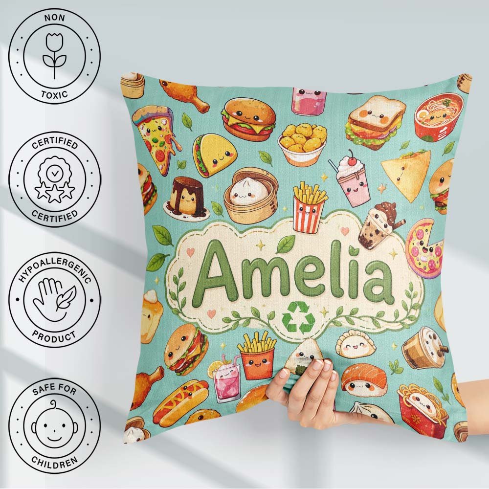 Custom Name Cute Kawaii Fast Food Snacks Gingham Teal Background Square Filled Cushion Throw Pillow Sofa Bed Home Decor Zip Washable UK Made