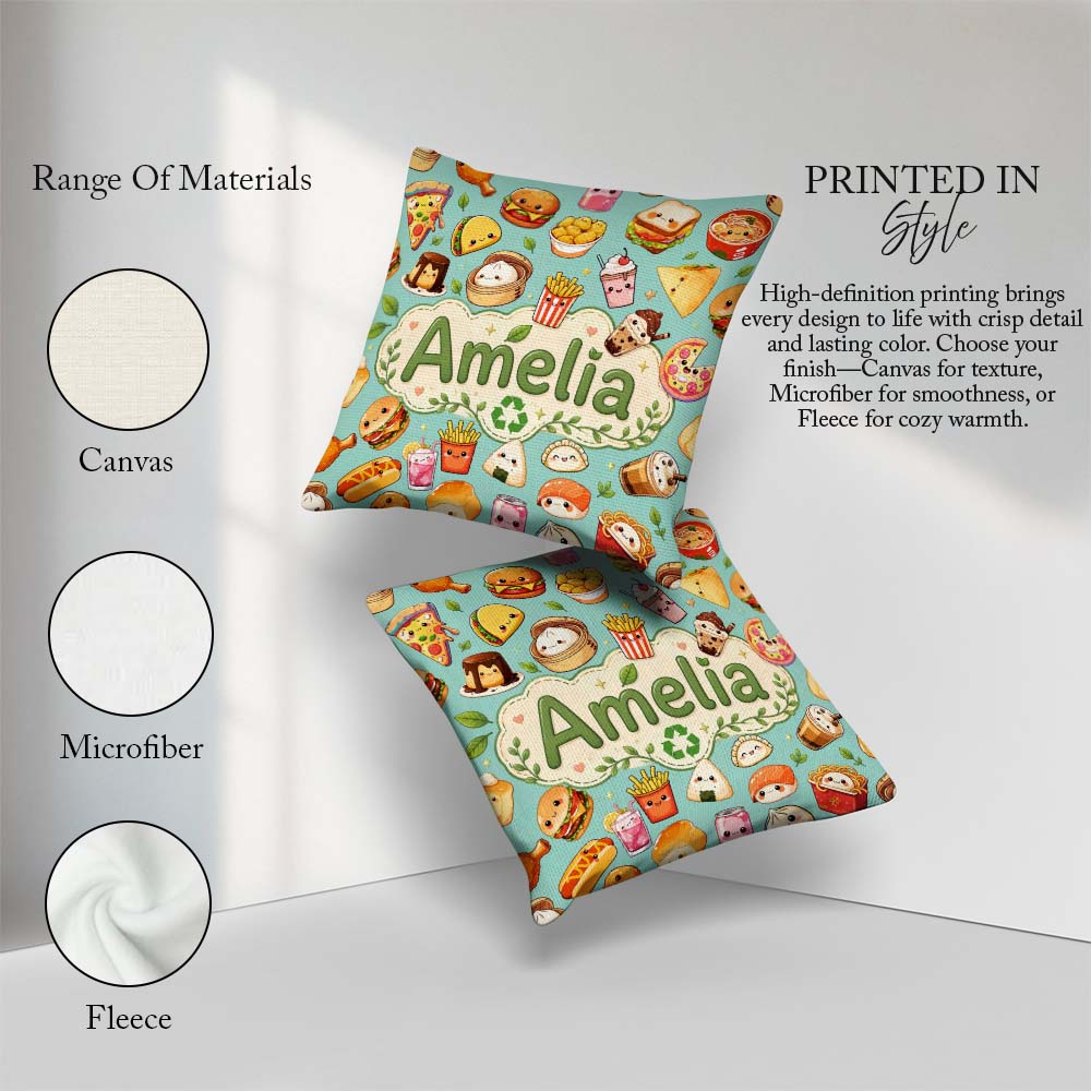 Custom Name Cute Kawaii Fast Food Snacks Gingham Teal Background Square Filled Cushion Throw Pillow Sofa Bed Home Decor Zip Washable UK Made