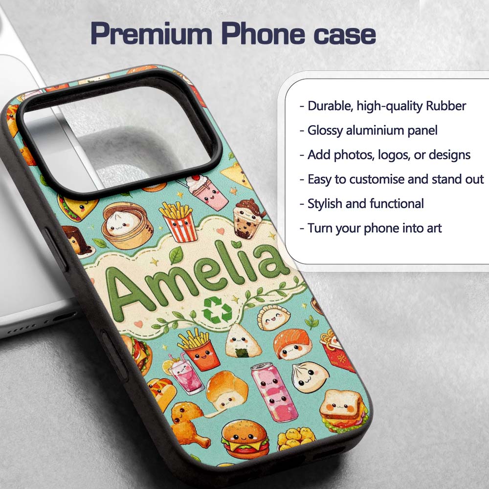 Cute Kawaii Fast Food Snacks Gingham Picnic Teal Custom Name Protective Phone Case Mobile Cover Durable Everyday Smartphone Shock Resistant