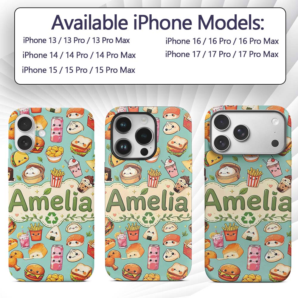 Cute Kawaii Fast Food Snacks Gingham Picnic Teal Custom Name Protective Phone Case Mobile Cover Durable Everyday Smartphone Shock Resistant