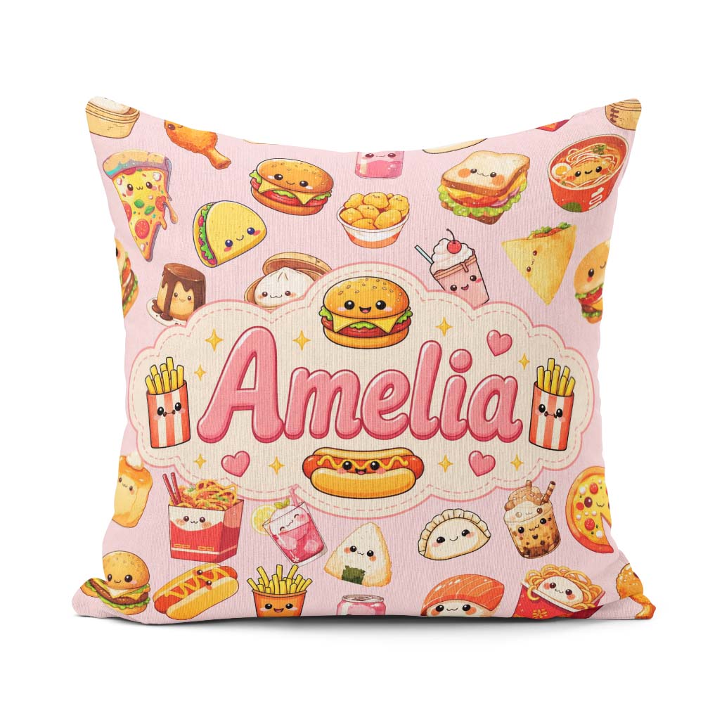 Custom Name Kawaii Fast Food Snacks Gingham Soft Pink Background Square Filled Cushion Throw Pillow Sofa Bed Home Decor Zip Washable UK Made
