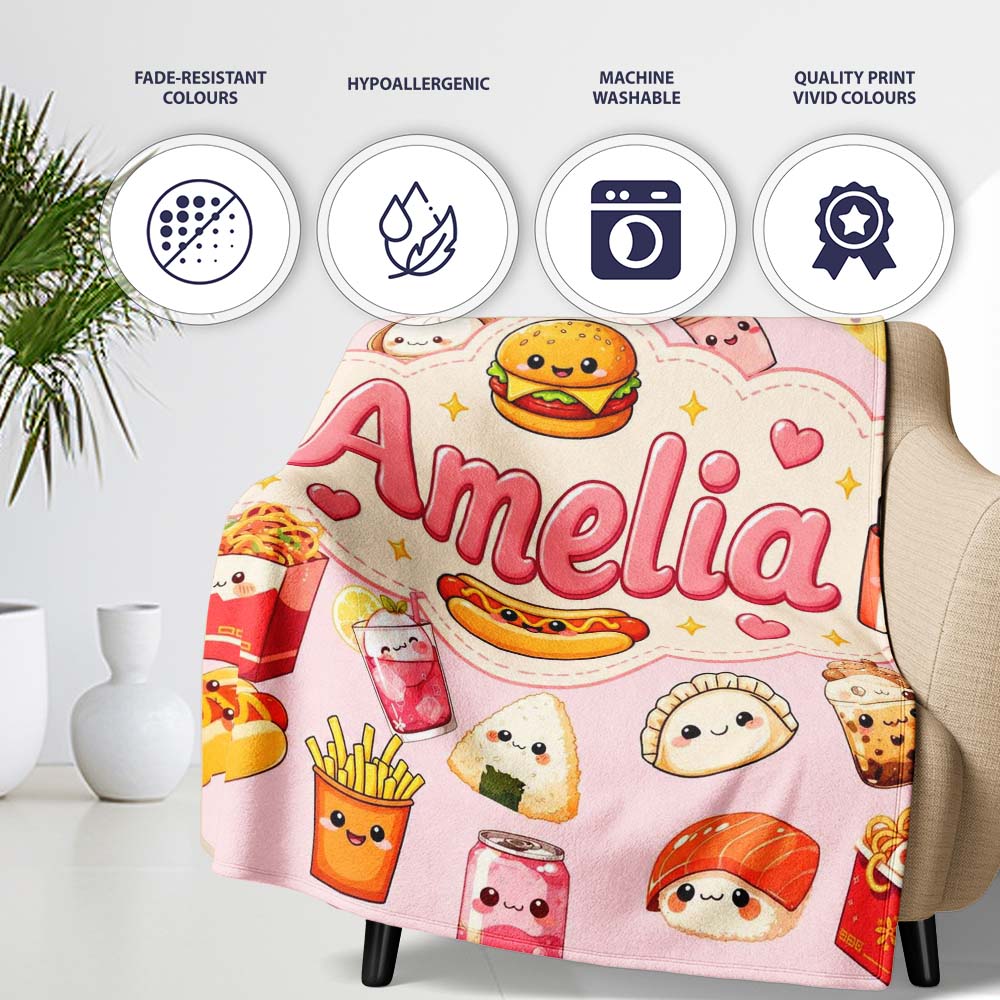 Kawaii Fast Food Snacks Gingham Picnic Soft Pink Background Personalised Custom Name Super Soft Fleece Blanket Bed Sofa Throw