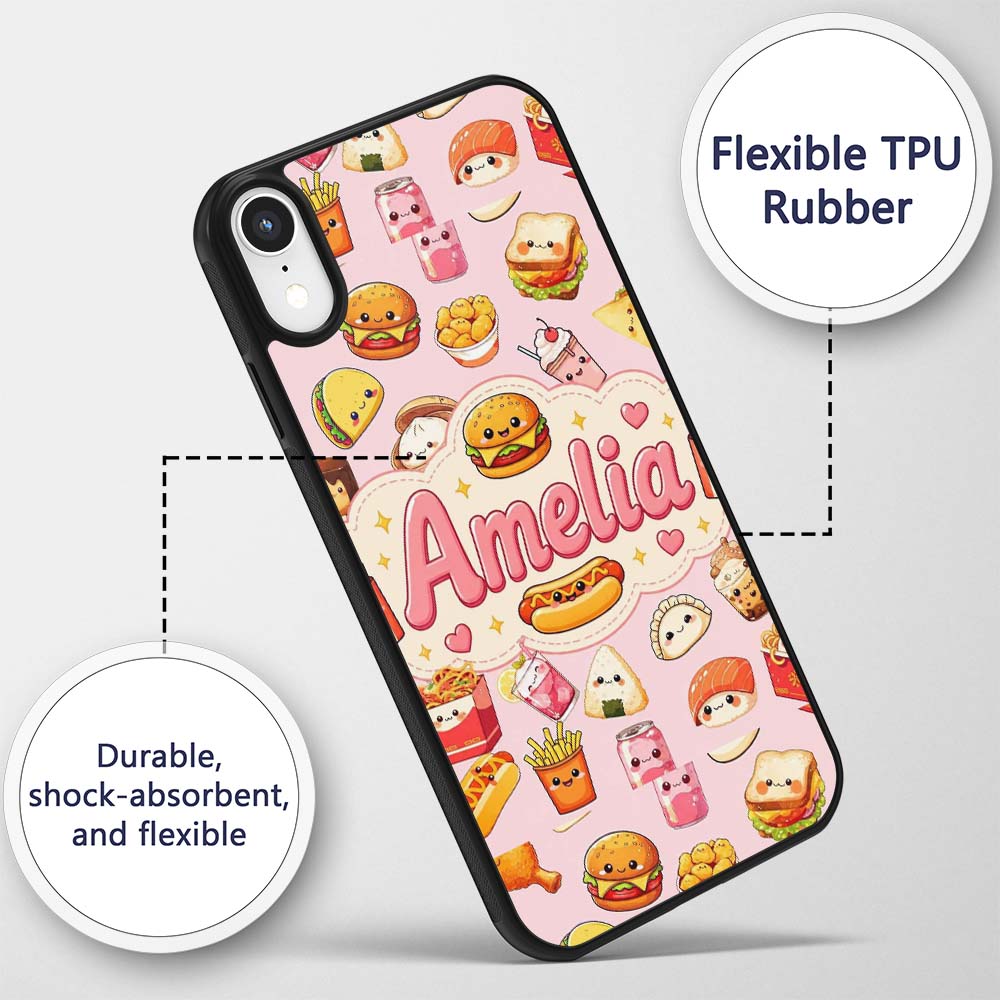 Kawaii Fast Food Snacks Gingham Picnic Soft Pink Custom Name Protective Phone Case Mobile Cover Durable Everyday Smartphone Shock Resistant