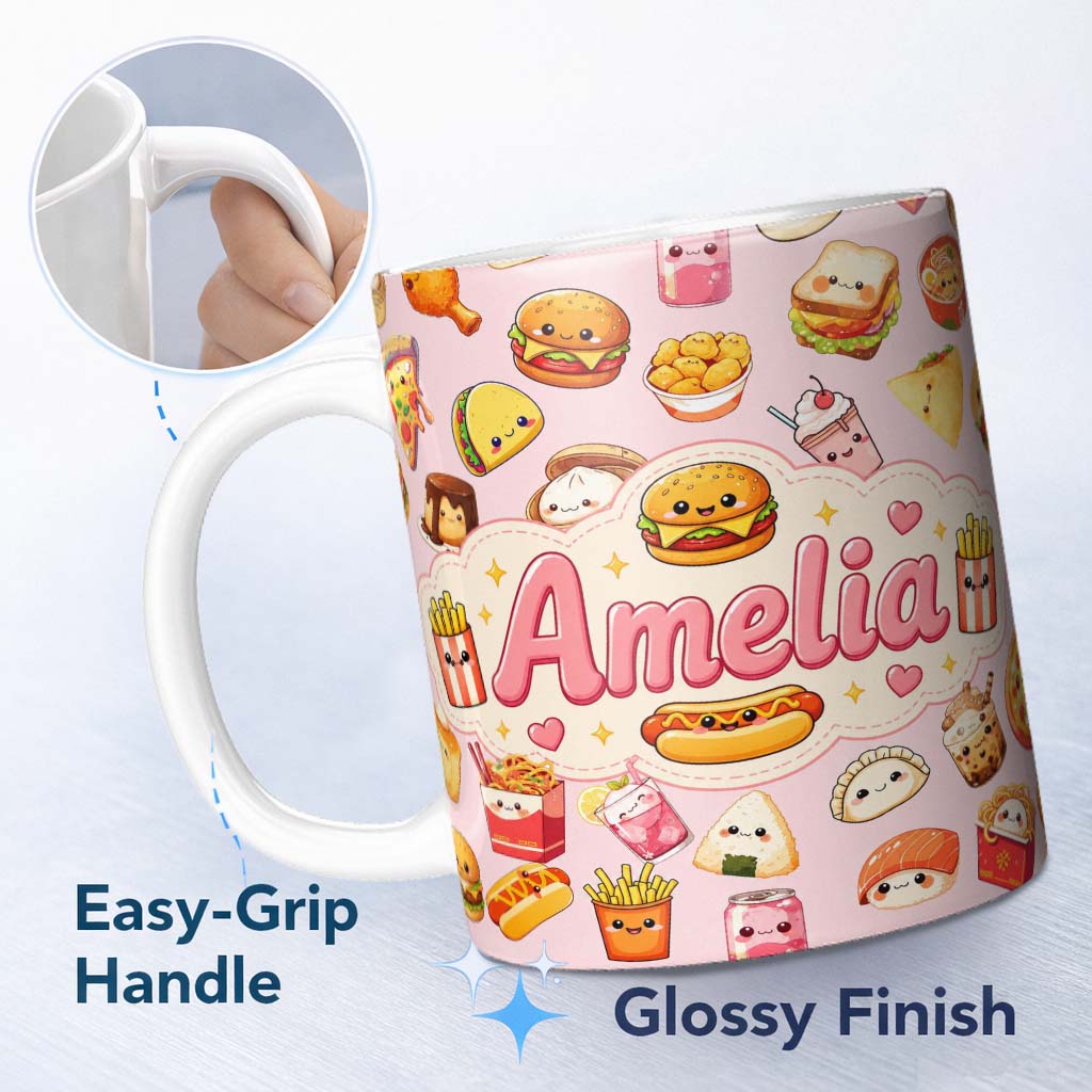 Personalized Custom Name Kawaii Fast Food Snacks Gingham Picnic Soft Pink Background 11oz Ceramic Coffee Tea Mug White Large Handle