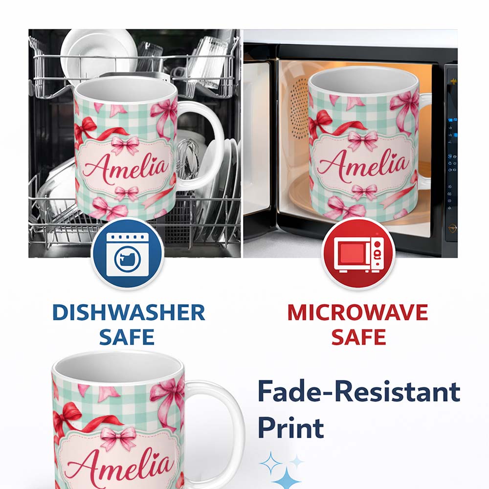 Personalized Custom Name Watercolor Ribbon Bow Seamless Pattern on Mint Gingham Background 11oz Ceramic Coffee Tea Mug White Large Handle