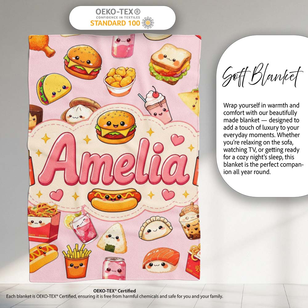 Kawaii Fast Food Snacks Gingham Picnic Soft Pink Background Personalised Custom Name Super Soft Fleece Blanket Bed Sofa Throw