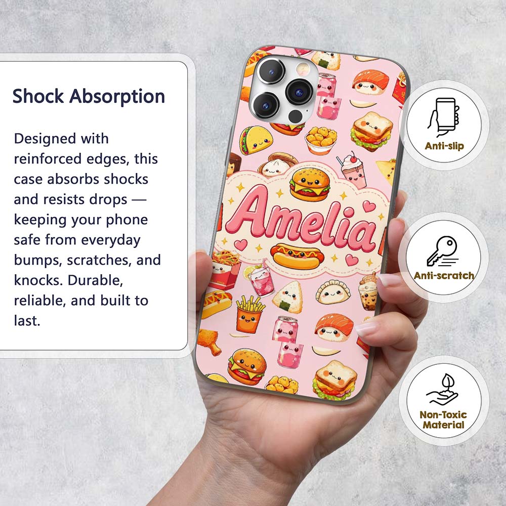 Kawaii Fast Food Snacks Gingham Picnic Soft Pink Custom Name Protective Phone Case Mobile Cover Durable Everyday Smartphone Shock Resistant