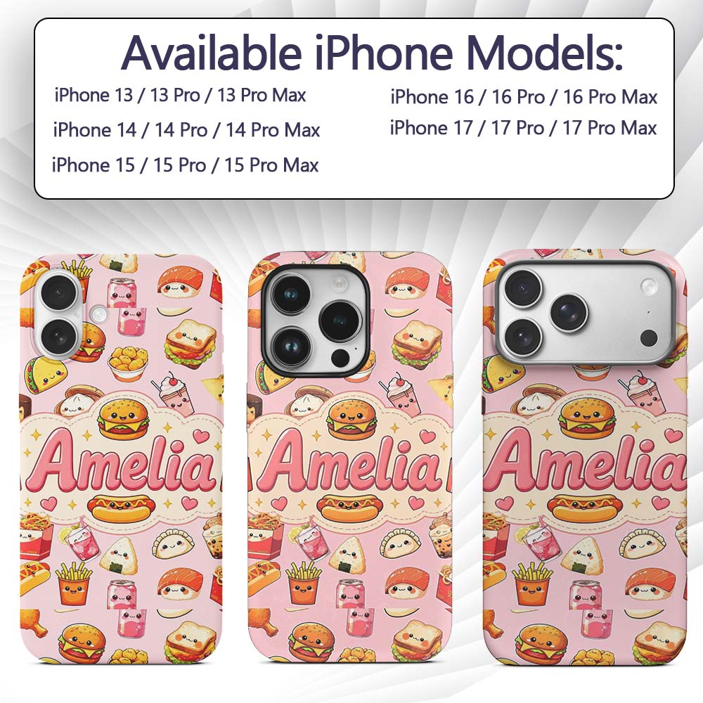 Kawaii Fast Food Snacks Gingham Picnic Soft Pink Custom Name Protective Phone Case Mobile Cover Durable Everyday Smartphone Shock Resistant