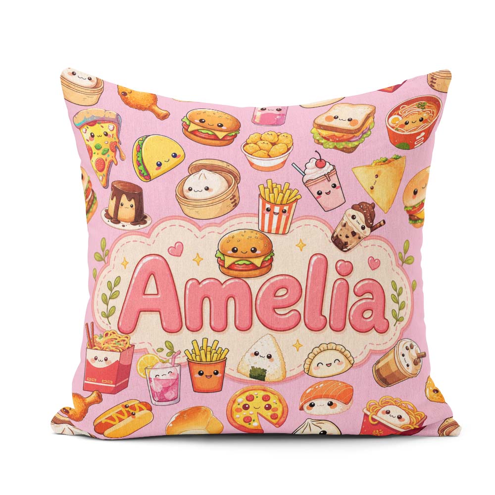 Custom Name Kawaii Fast Food Snacks Soft Pink Background Pattern Square Filled Cushion Throw Pillow Sofa Bed Home Decor Zip Washable UK Made