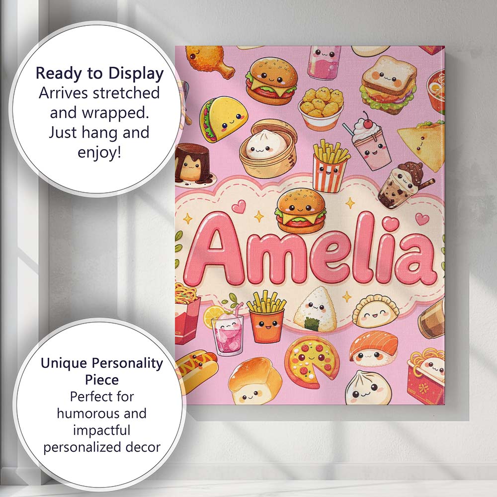 Personalised Name Cute Kawaii Fast Food Custom Modern Room Accent Elegant Feature Canvas Wall Art Print Decor Picture Ready to Hang