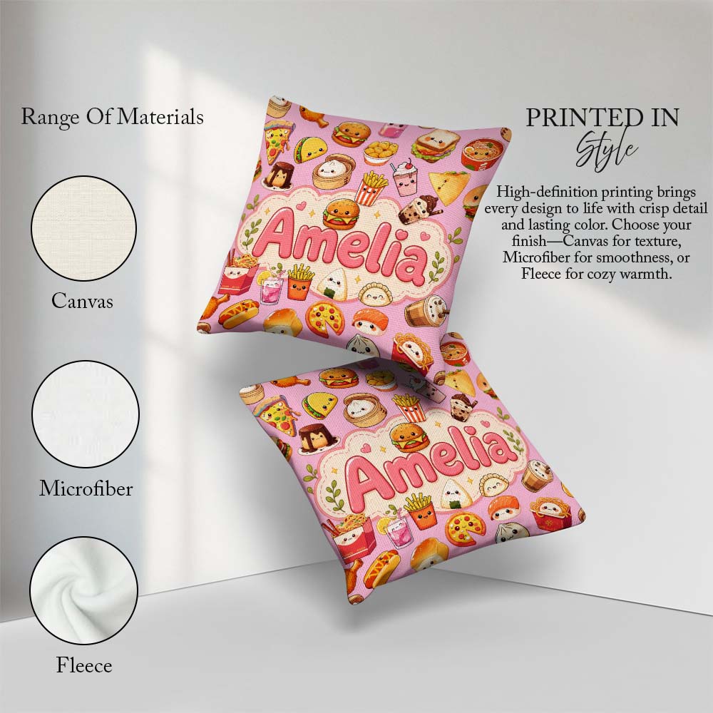 Custom Name Kawaii Fast Food Snacks Soft Pink Background Pattern Square Filled Cushion Throw Pillow Sofa Bed Home Decor Zip Washable UK Made