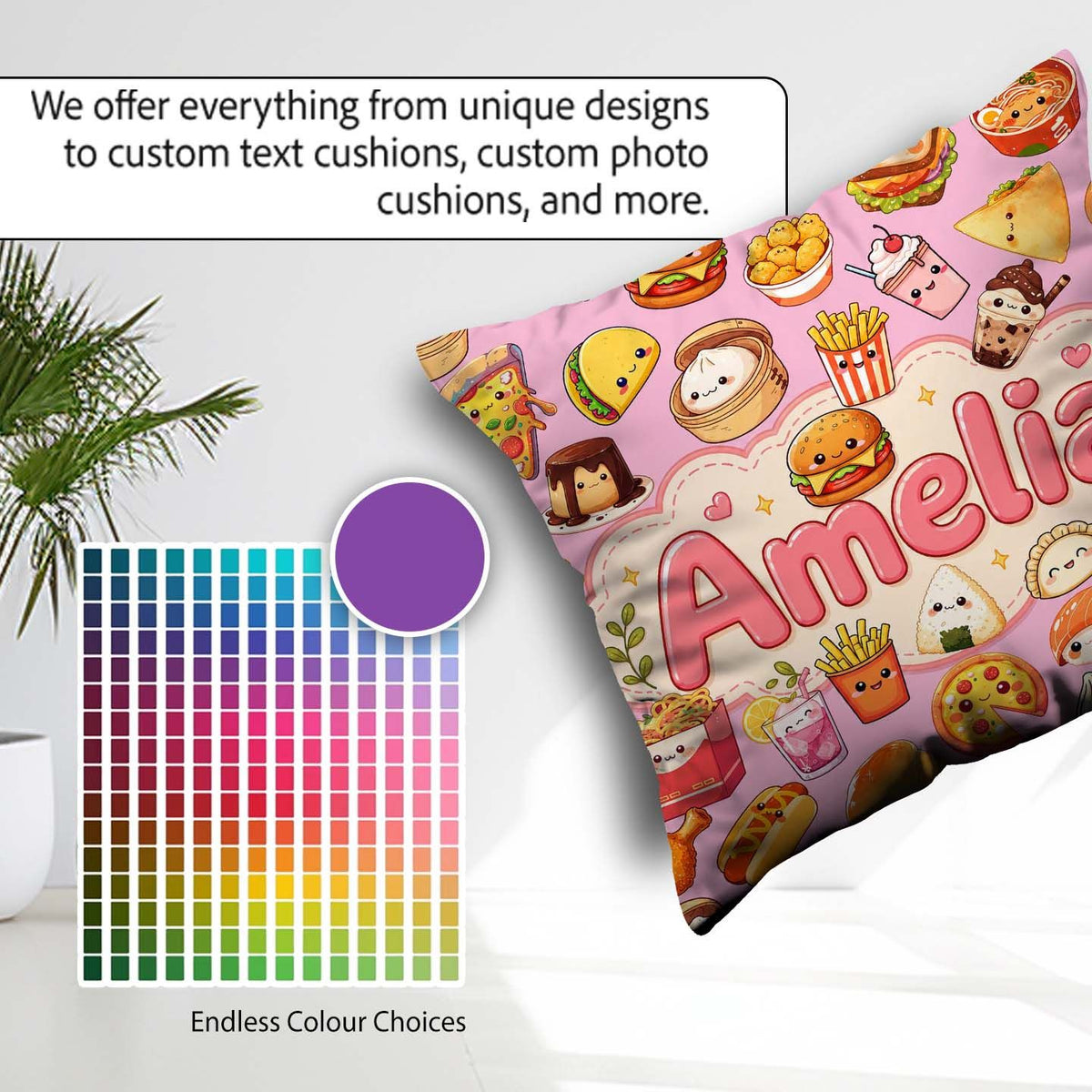 Custom Name Kawaii Fast Food Snacks Soft Pink Background Pattern Square Filled Cushion Throw Pillow Sofa Bed Home Decor Zip Washable UK Made