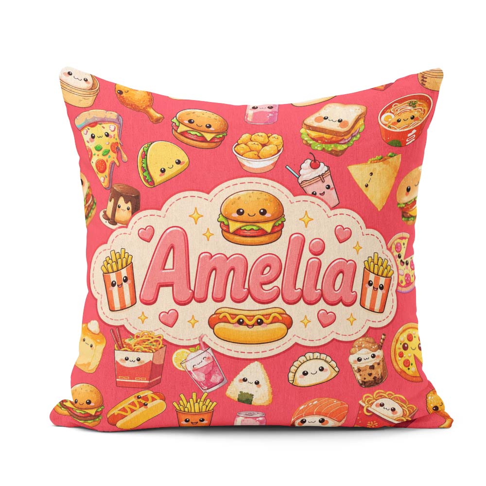 Custom Name Kawaii Fast Food Snacks Bold Red Background Seamless Square Filled Cushion Throw Pillow Sofa Bed Home Decor Zip Washable UK Made