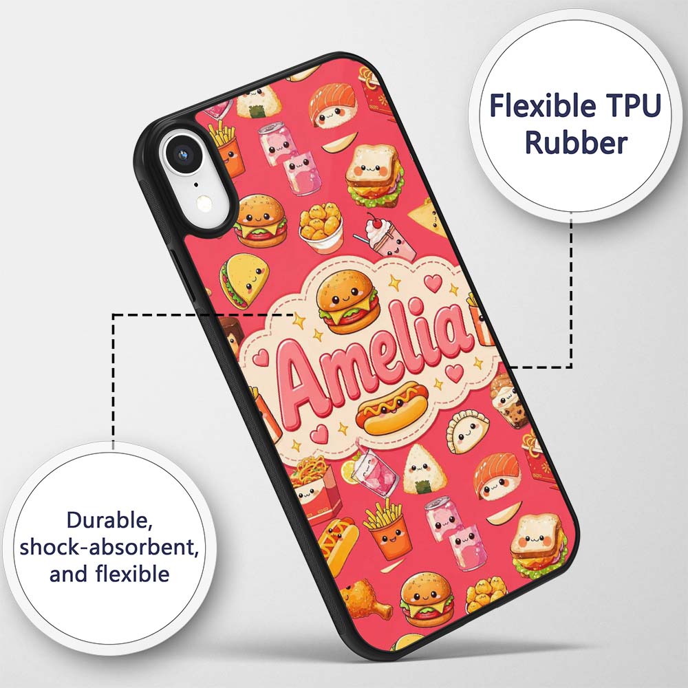 Cute Kawaii Fast Food Snacks Bold Red Background Custom Name Protective Phone Case Mobile Cover Durable Everyday Smartphone Shock Resistant