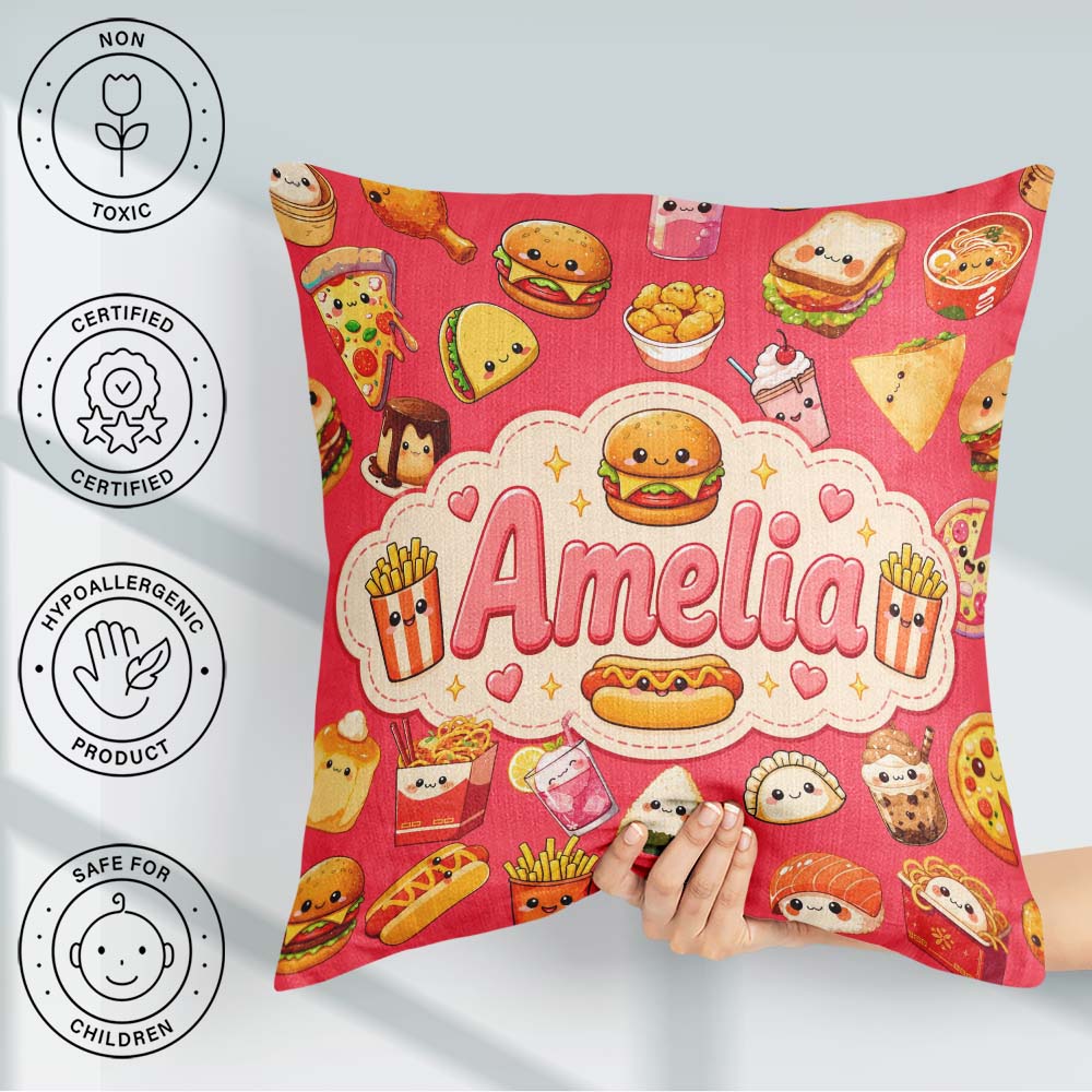 Custom Name Kawaii Fast Food Snacks Bold Red Background Seamless Square Filled Cushion Throw Pillow Sofa Bed Home Decor Zip Washable UK Made