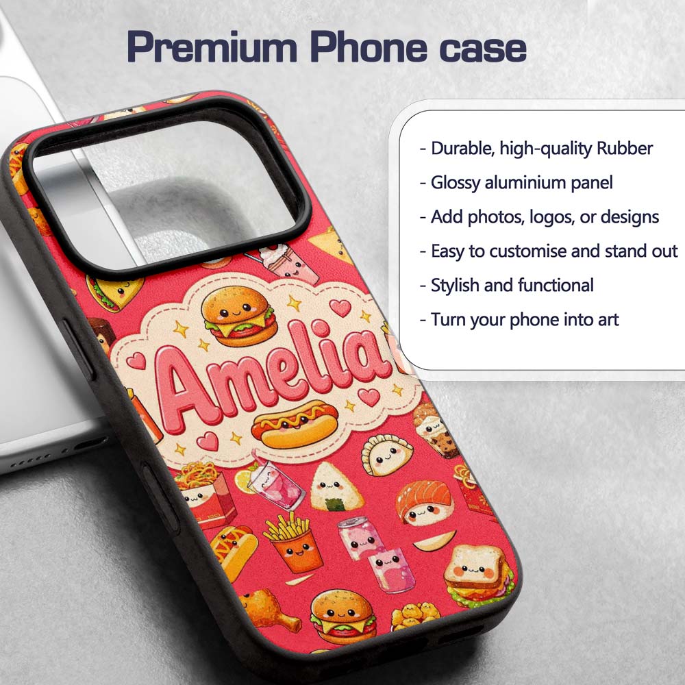 Cute Kawaii Fast Food Snacks Bold Red Background Custom Name Protective Phone Case Mobile Cover Durable Everyday Smartphone Shock Resistant