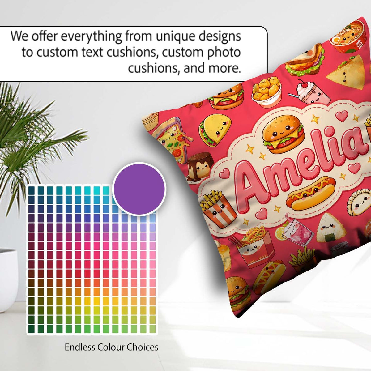 Custom Name Kawaii Fast Food Snacks Bold Red Background Seamless Square Filled Cushion Throw Pillow Sofa Bed Home Decor Zip Washable UK Made