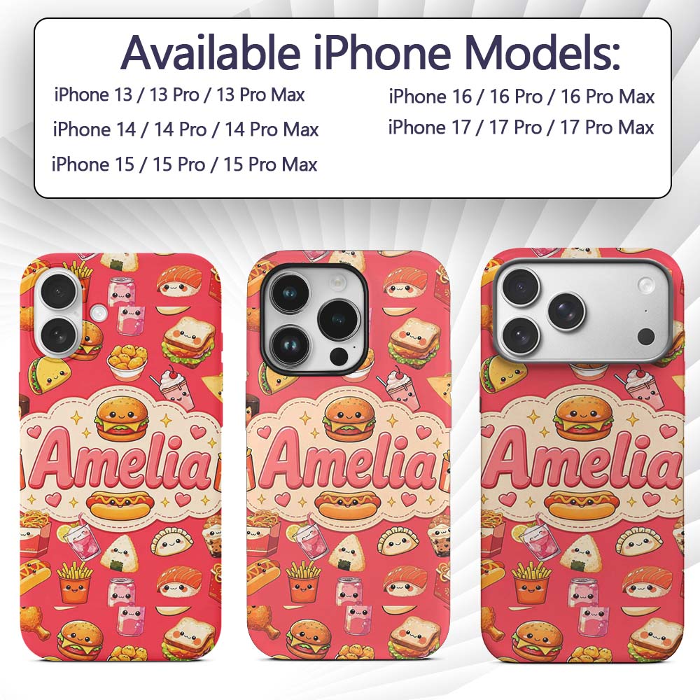 Cute Kawaii Fast Food Snacks Bold Red Background Custom Name Protective Phone Case Mobile Cover Durable Everyday Smartphone Shock Resistant