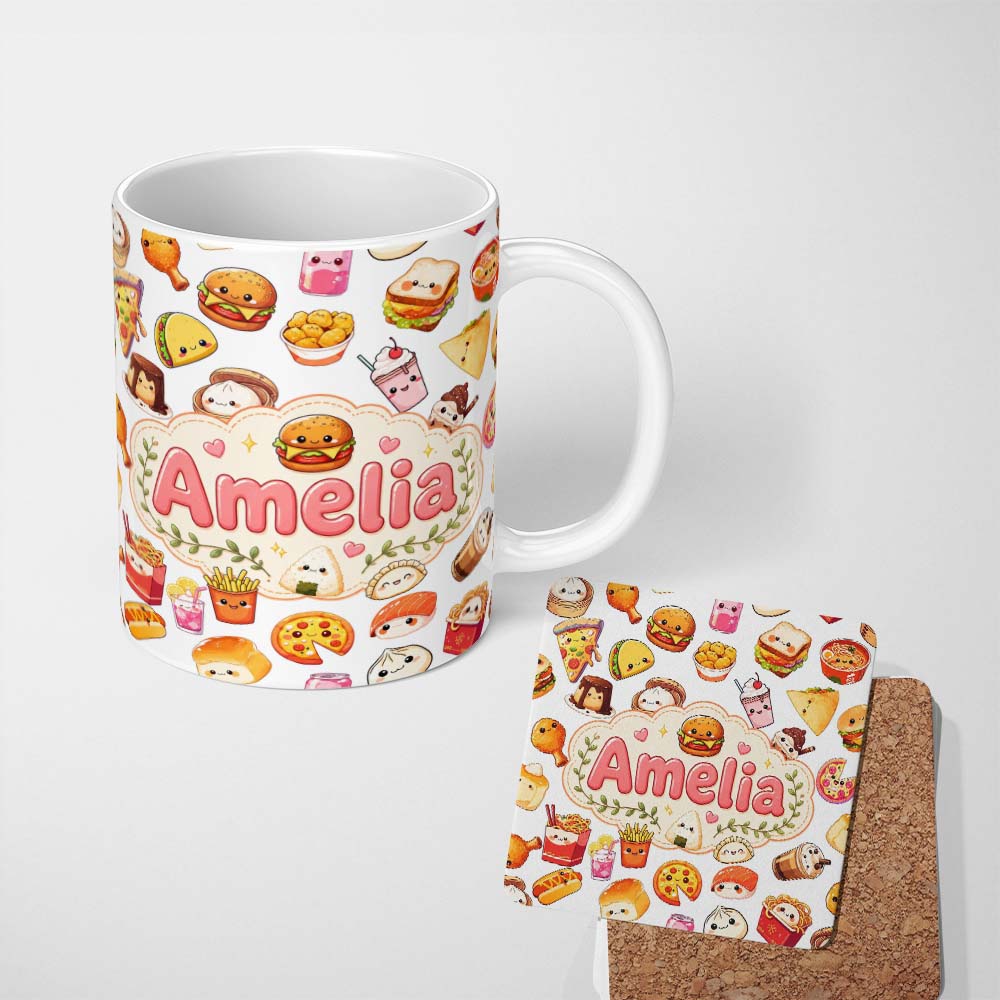 Personalized Custom Name Cute Kawaii Fast Food Snacks Light Grey Background Seamless Pattern 11oz Ceramic Coffee Tea Mug White Large Handle