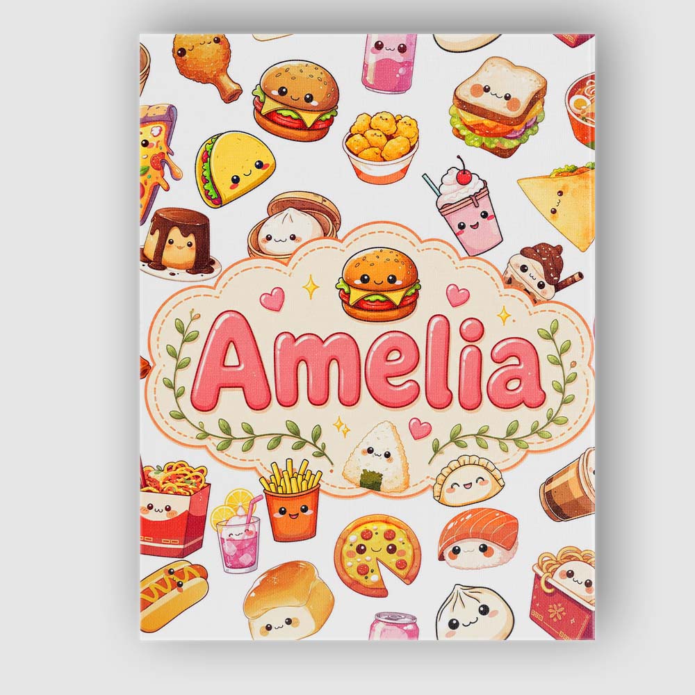 Personalised Name Cute Kawaii Fast Food Custom Modern Room Accent Elegant Feature Canvas Wall Art Print Decor Picture Ready to Hang