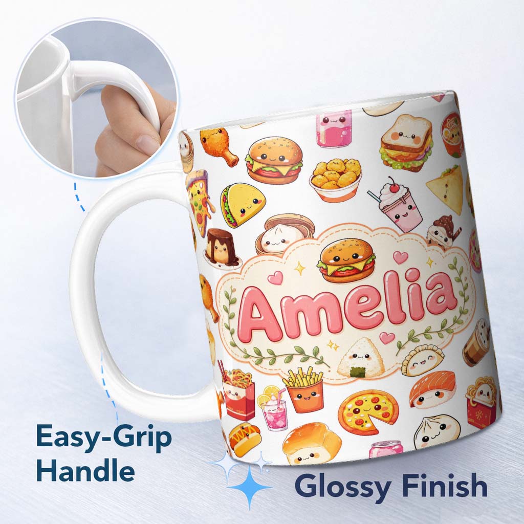 Personalized Custom Name Cute Kawaii Fast Food Snacks Light Grey Background Seamless Pattern 11oz Ceramic Coffee Tea Mug White Large Handle