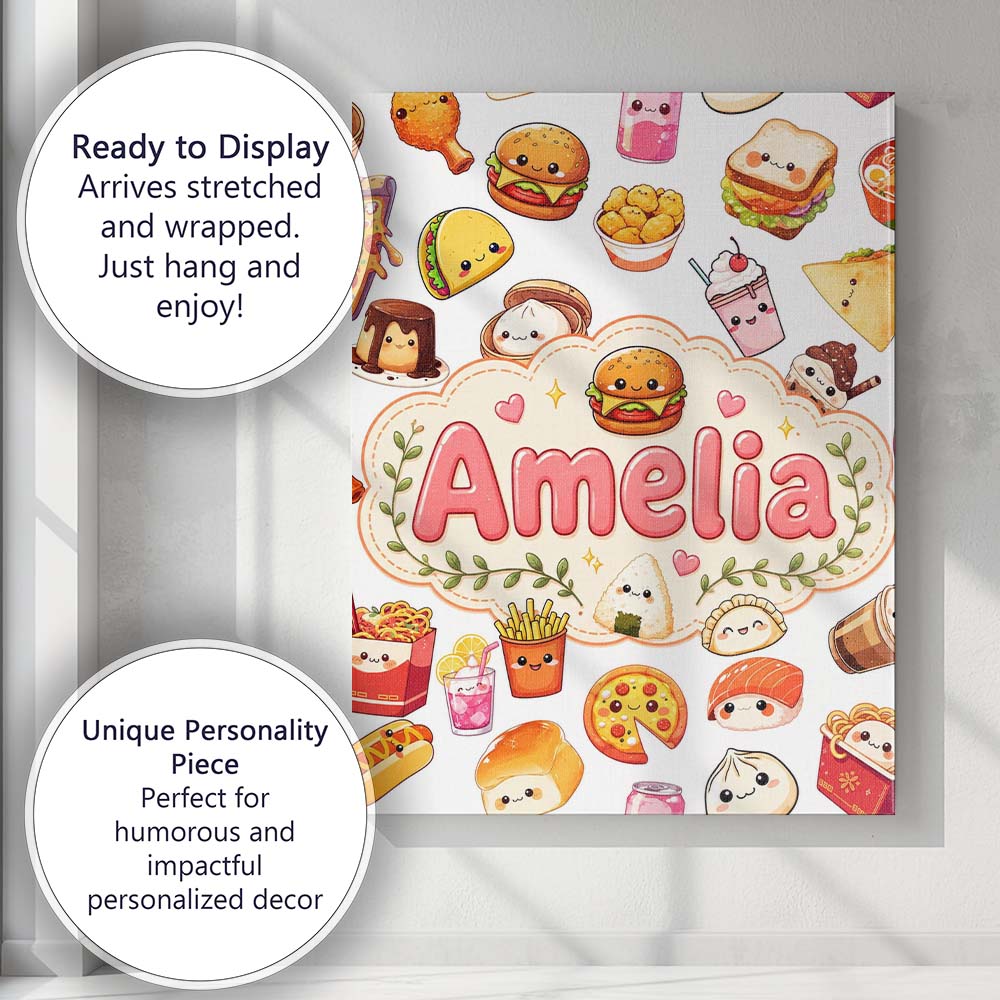 Personalised Name Cute Kawaii Fast Food Custom Modern Room Accent Elegant Feature Canvas Wall Art Print Decor Picture Ready to Hang