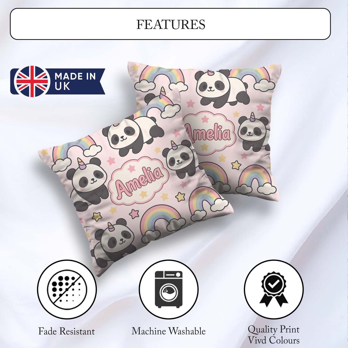 Custom Name Cute Panda Unicorn Cartoon Animal Pattern Coffee Cup Square Filled Cushion Throw Pillow Sofa Bed Home Decor Zip Washable UK Made