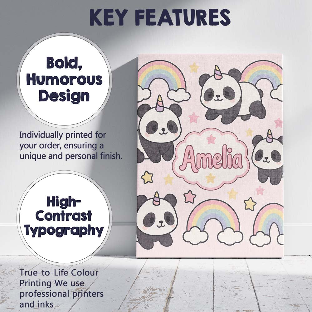 Personalised Name Cute Panda Unicorn Cartoon Animal Pattern Beautiful Custom Home Unique Canvas Wall Art Print Decor Picture Ready to Hang