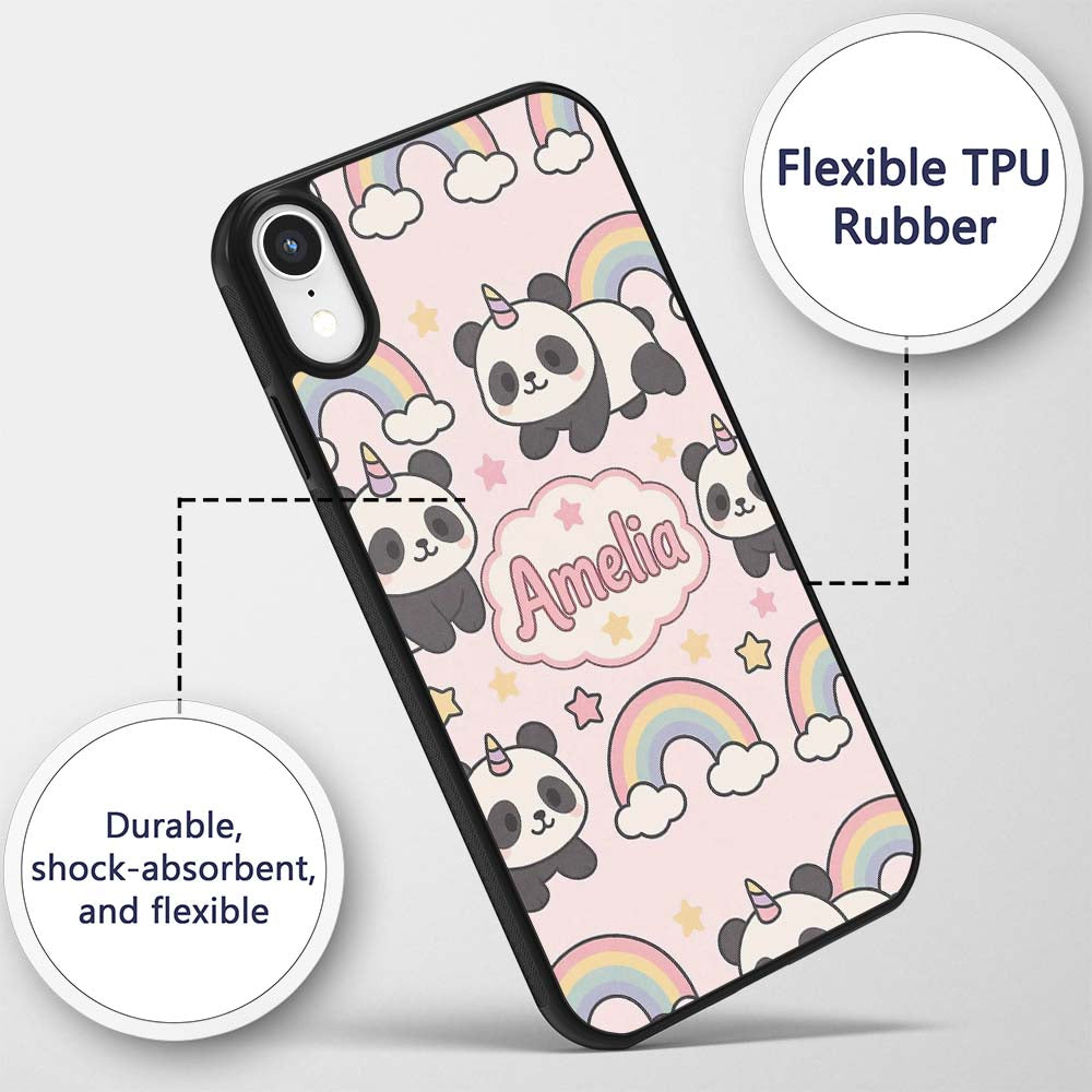 Cute Panda Unicorn Cartoon Animal Printed Design Custom Name Protective Phone Case Mobile Cover Durable Everyday Smartphone Shock Resistant