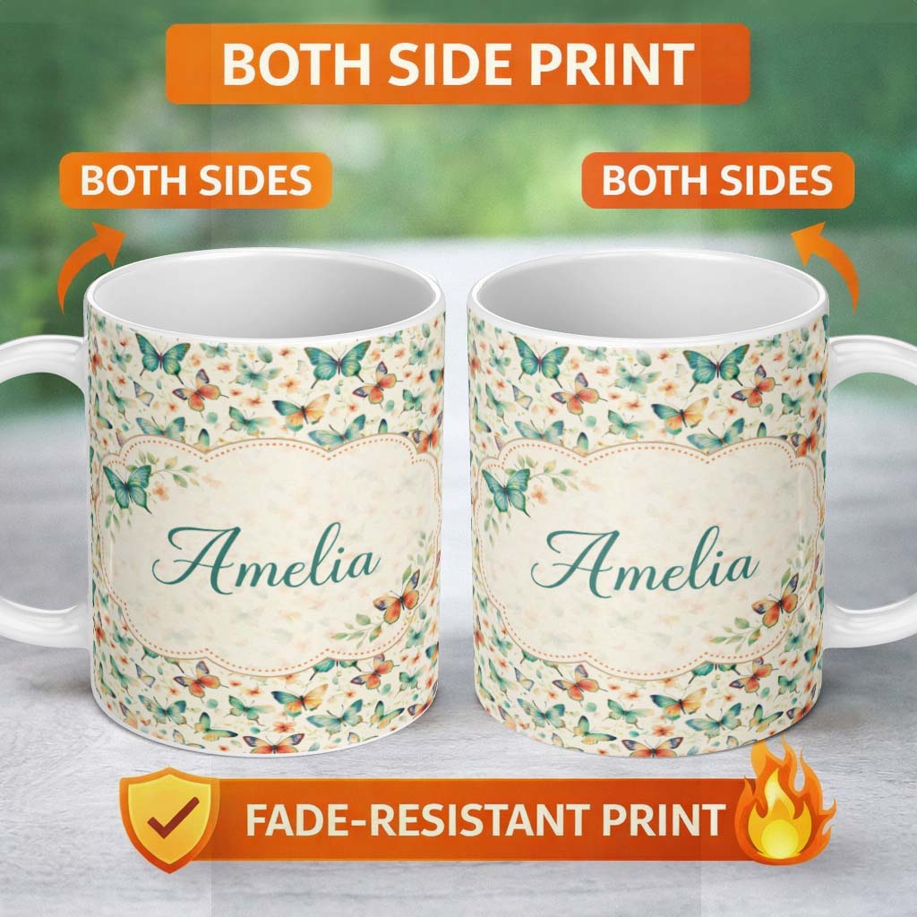 Personalized Custom Name Delicate Vintage Butterflies with Soft Floral Touch Seamless Pattern 11oz Ceramic Coffee Tea Mug White Large Handle