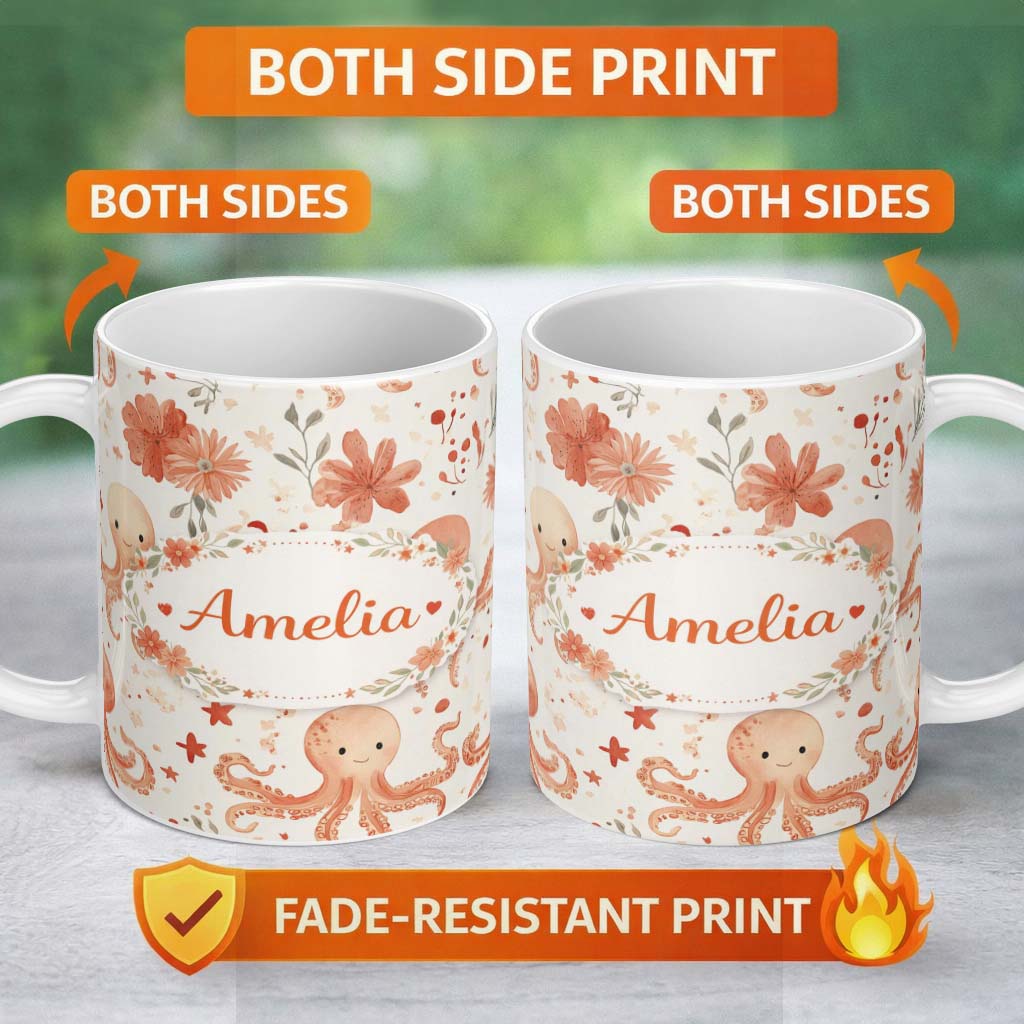Personalized Custom Name Cute Octopus and Floral Watercolor Seamless Pattern Cute Unique Gift 11oz Ceramic Coffee Tea Mug White Large Handle