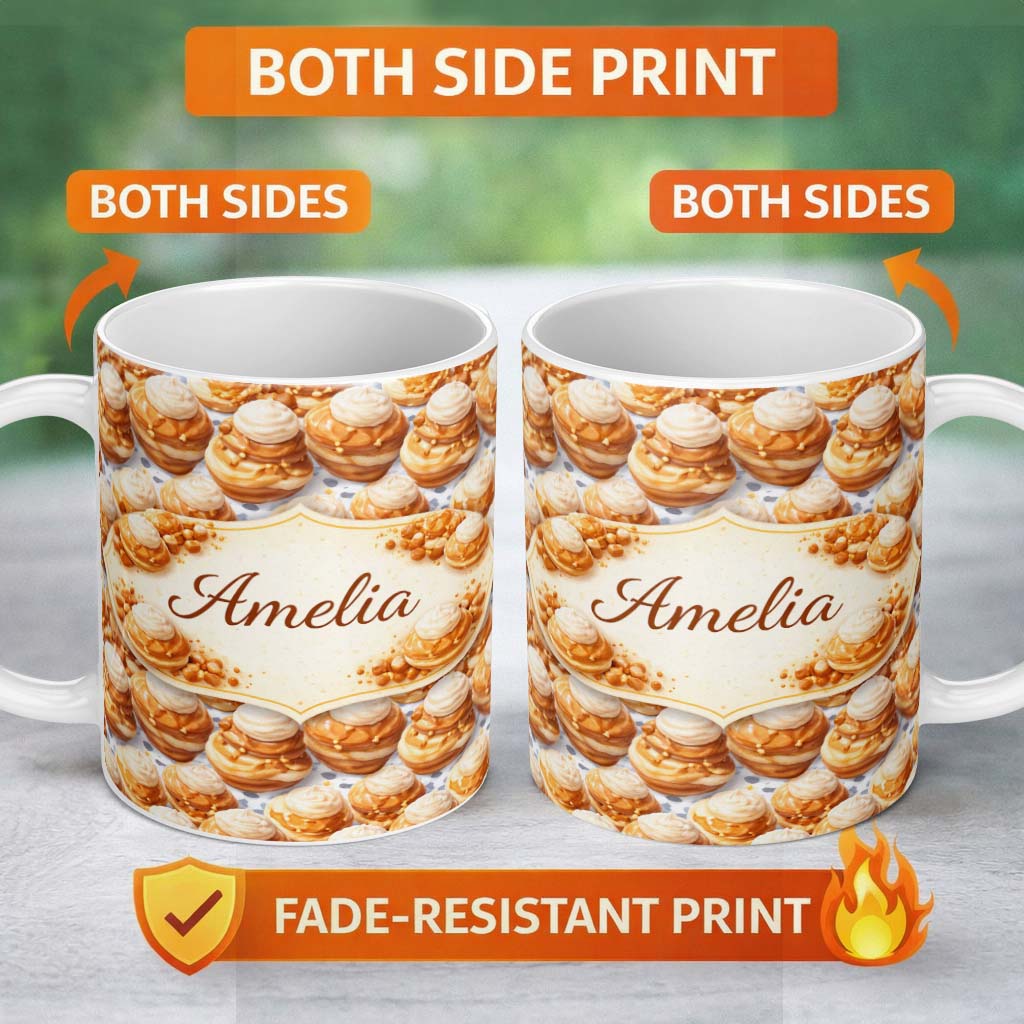 Personalized Custom Name Classic Cream Puff Dessert Repeat Seamless Pattern Cute Unique Gift 11oz Ceramic Coffee Tea Mug White Large Handle