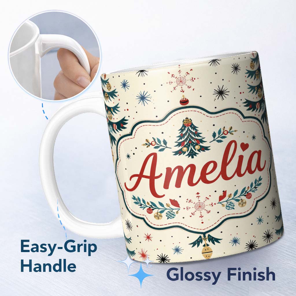 Personalized Custom Name Cute Christmas Tree Ornament Starburst Seamless Pattern Lovely 11oz Ceramic Coffee Tea Mug White Large Handle