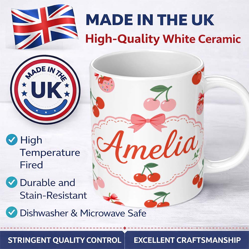 Personalized Custom Name Cute Cherry Fruit with Bow and Sprinkles Seamless Pattern Light Grey 11oz Ceramic Coffee Tea Mug White Large Handle