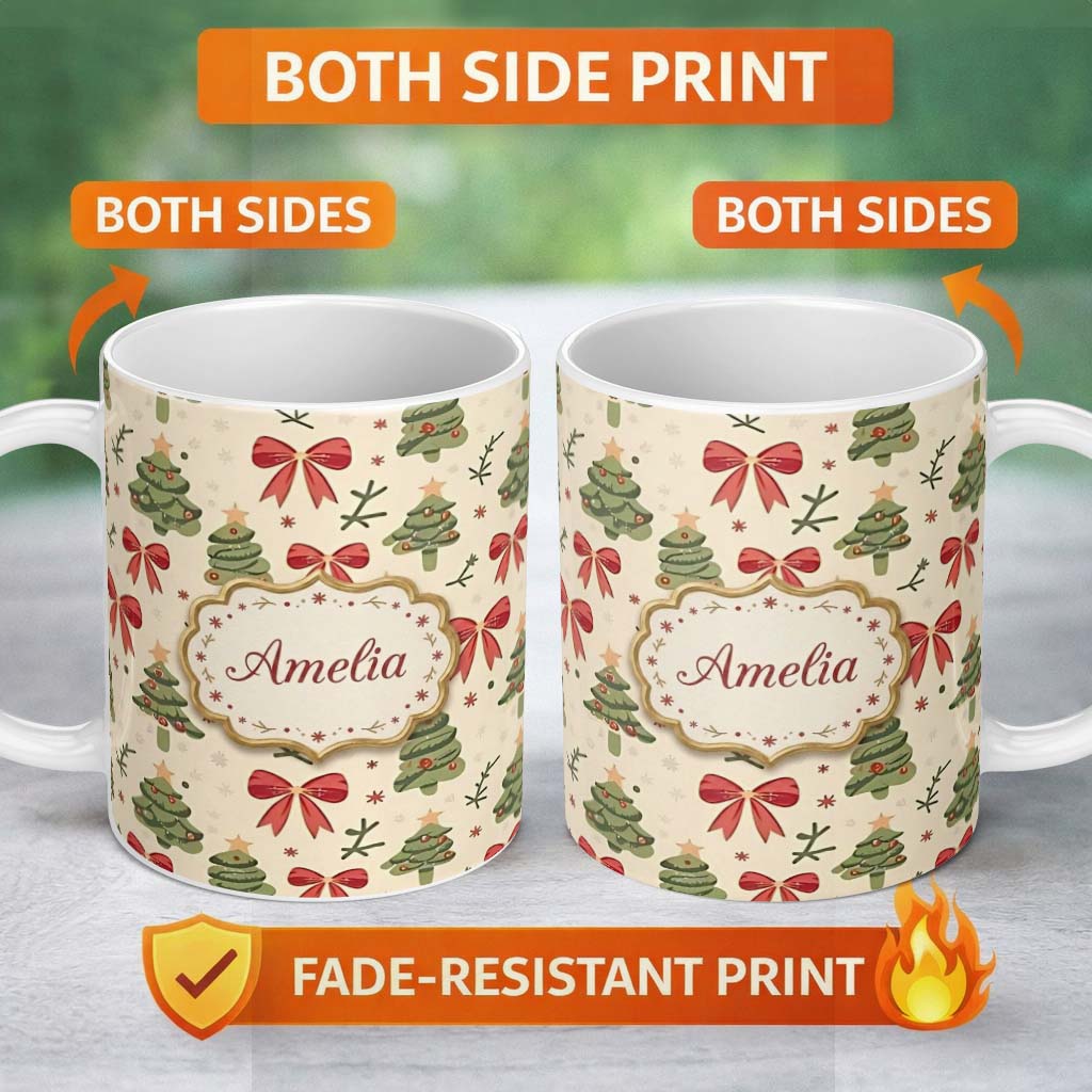 Personalized Custom Name Watercolor Christmas Tree with Red Bows and Winter Elements Lovely 11oz Ceramic Coffee Tea Mug White Large Handle