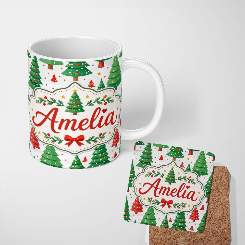 Personalized Custom Name Modern Christmas Trees in Red and Green Winter Scene Seamless Lovely 11oz Ceramic Coffee Tea Mug White Large Handle
