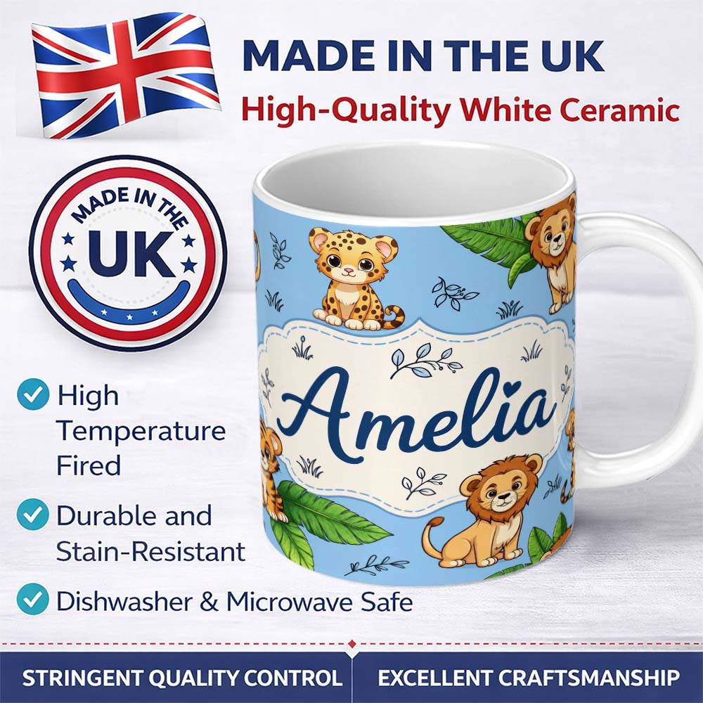 Personalized Custom Name Cute Jungle Animals Lion Tiger Leopard Tropical Leaves Sky Blue 11oz Ceramic Coffee Tea Mug White Large Handle