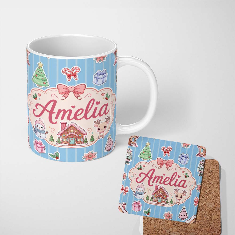 Personalized Custom Name Cute Christmas Festive Stickers Gingerbread House Tree Blue Stripe 11oz Ceramic Coffee Tea Mug White Large Handle