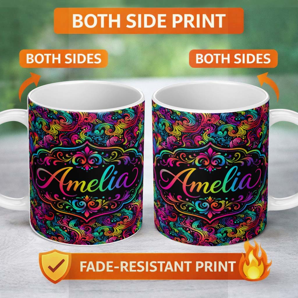 Personalized Custom Name Psychedelic Rainbow Wave Swirl Pattern on Black Background Seamless 11oz Ceramic Coffee Tea Mug White Large Handle