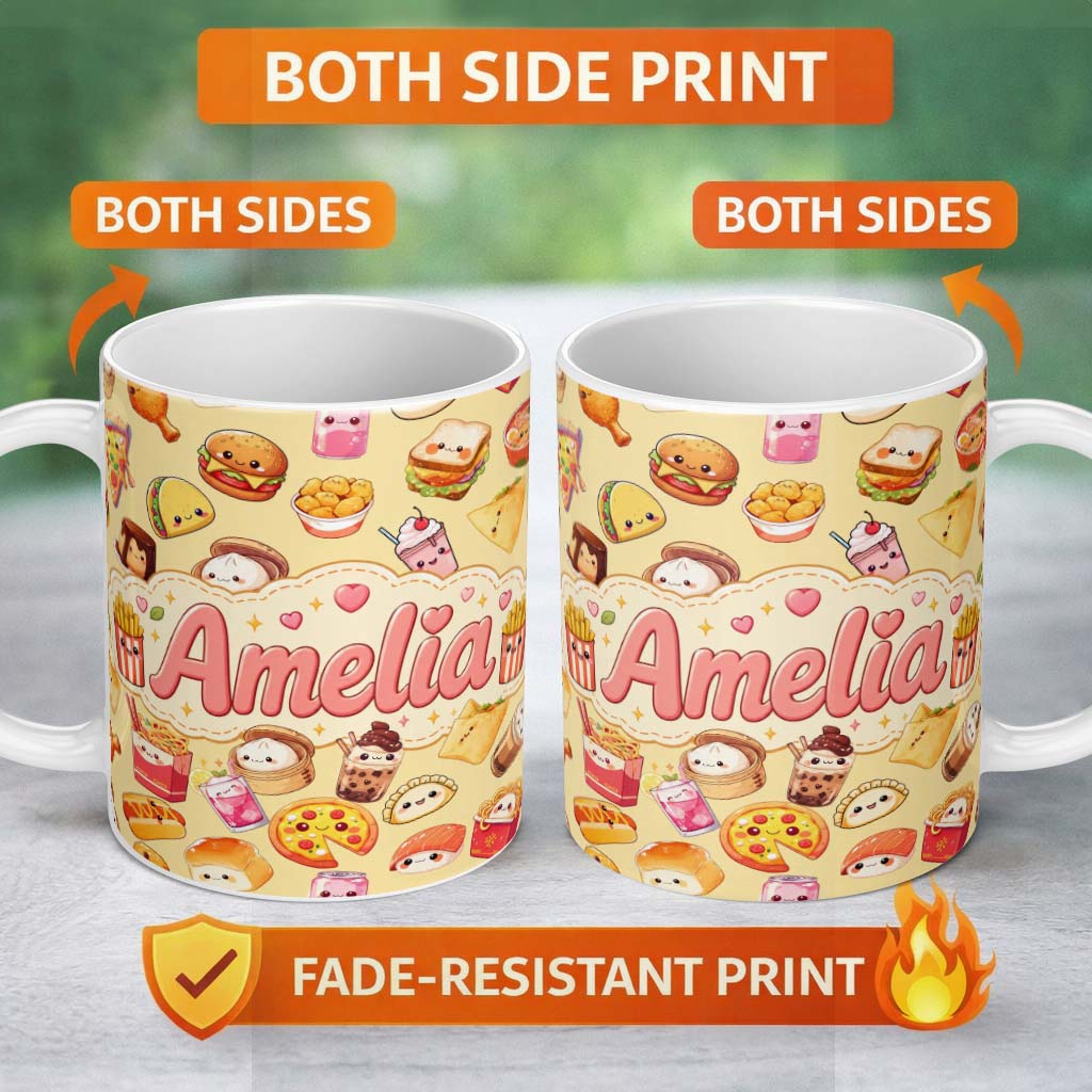 Personalized Custom Name Cute Kawaii Fast Food Snacks Warm Beige Background Seamless Pattern 11oz Ceramic Coffee Tea Mug White Large Handle