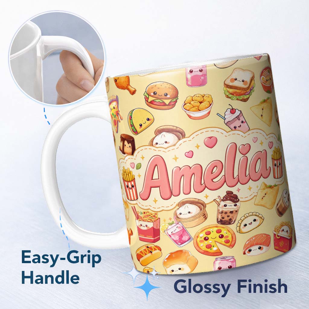 Personalized Custom Name Cute Kawaii Fast Food Snacks Warm Beige Background Seamless Pattern 11oz Ceramic Coffee Tea Mug White Large Handle