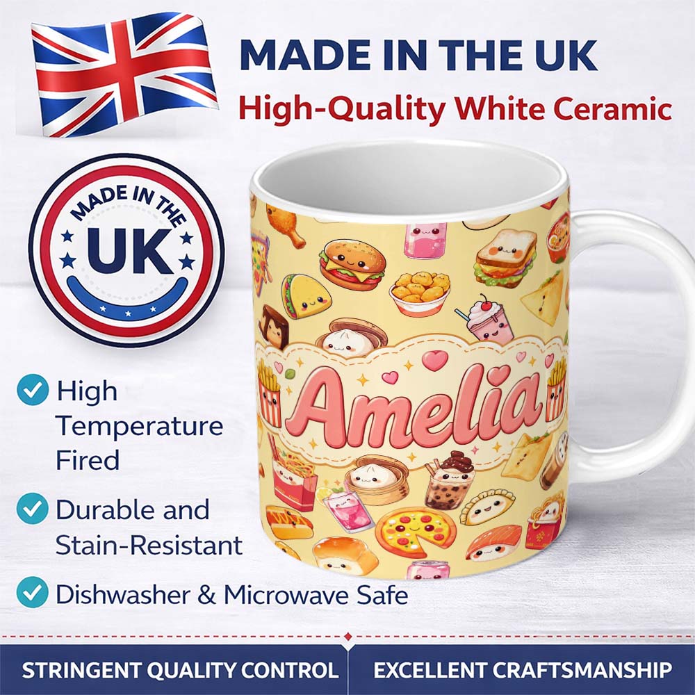 Personalized Custom Name Cute Kawaii Fast Food Snacks Warm Beige Background Seamless Pattern 11oz Ceramic Coffee Tea Mug White Large Handle