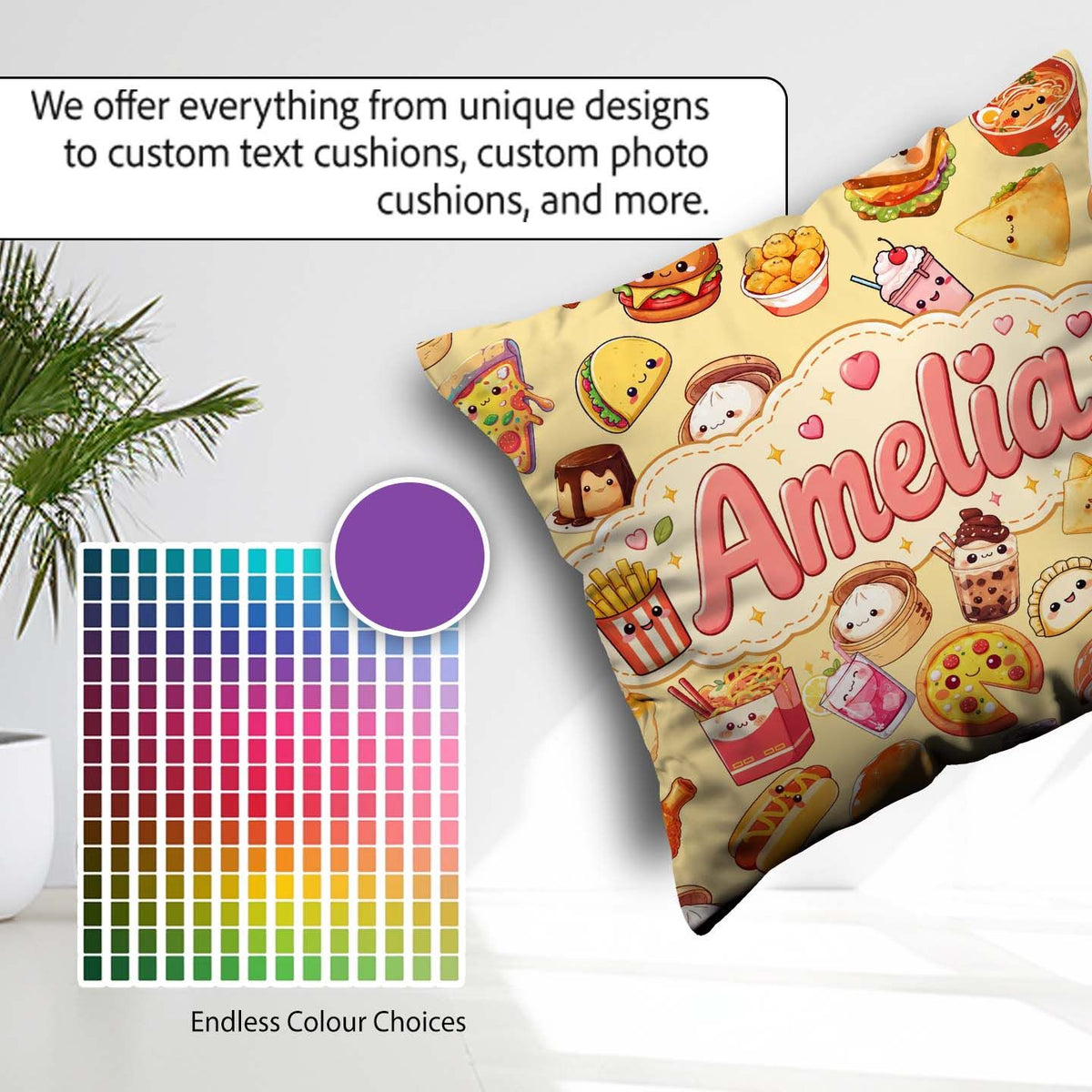 Custom Name Kawaii Fast Food Snacks Warm Beige Seamless Pattern Square Filled Cushion Throw Pillow Sofa Bed Home Decor Zip Washable UK Made